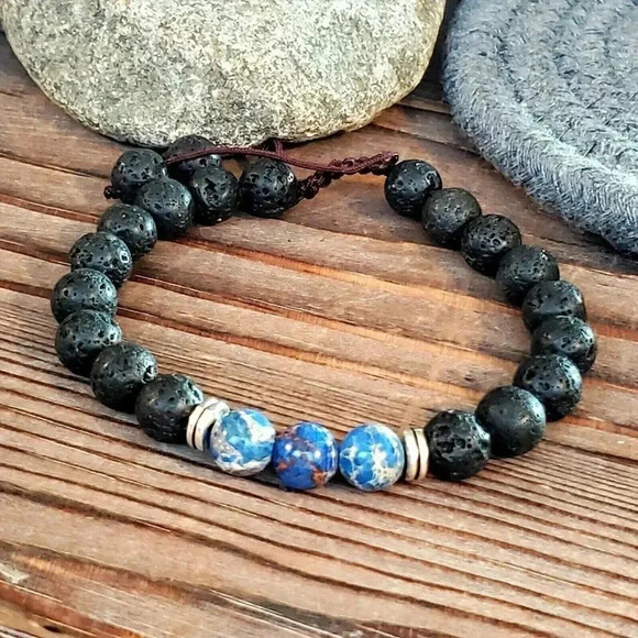 Hand Crafted Chakra Bracelet Blue Aqua Terra Jasper Black Lava - Picture 5 of 7